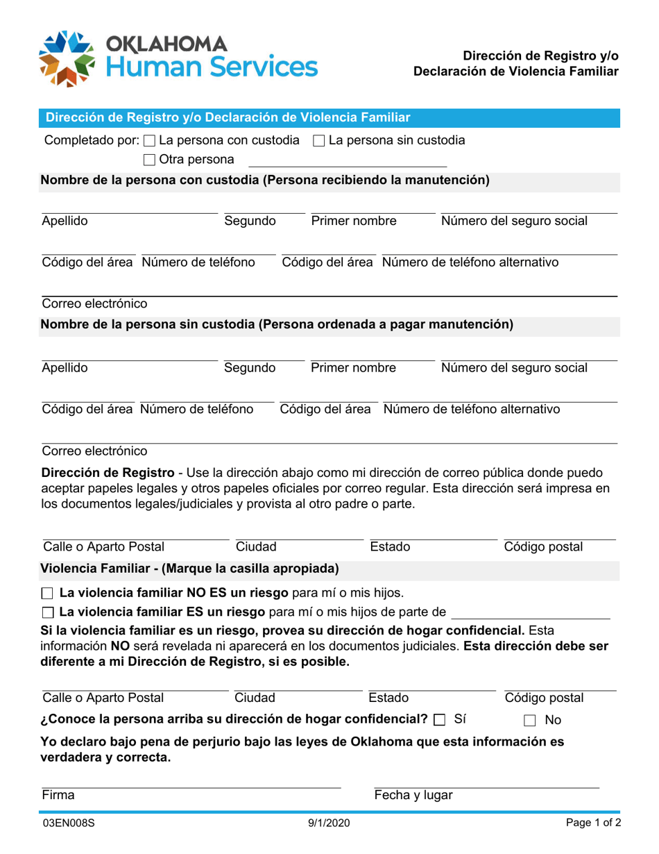 Formulario 03EN008S (CSED-8-SV) Direccion De Registro Y / O Declaracion De Violencia Familiar - Oklahoma (Spanish), Page 1