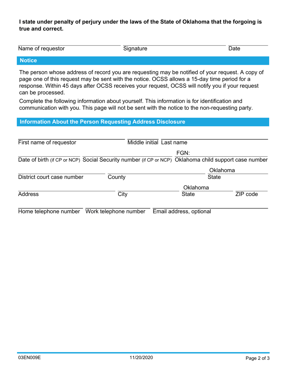 Form 03EN009E (CSED-9) Request for Address of Record - Oklahoma, Page 2