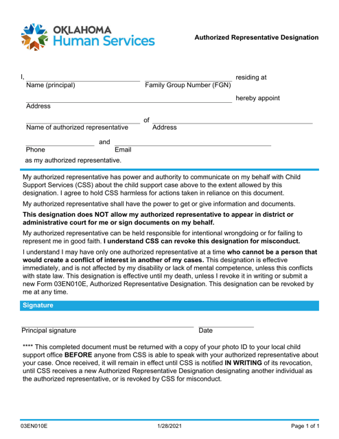 Form 03EN010E Authorized Representative Designation - Oklahoma
