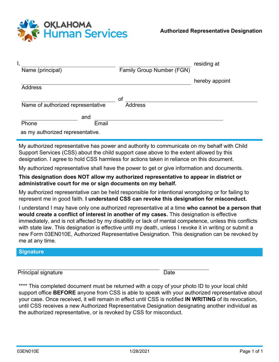 Form 03EN010E Authorized Representative Designation - Oklahoma, Page 1