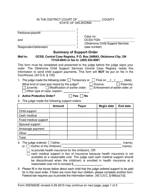 Form 03EN003E Summary of Support Order - Oklahoma