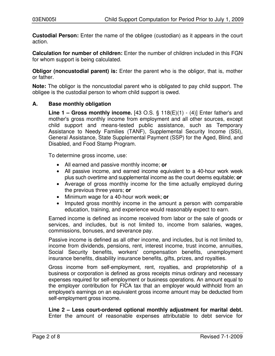 Instructions for Form 03EN005E Child Support Computation for Period Prior to July 1, 2009 - Oklahoma, Page 2