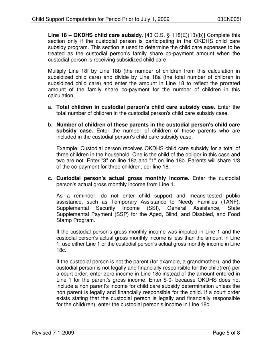 Instructions for Form 03EN005E Child Support Computation for Period Prior to July 1, 2009 - Oklahoma, Page 5