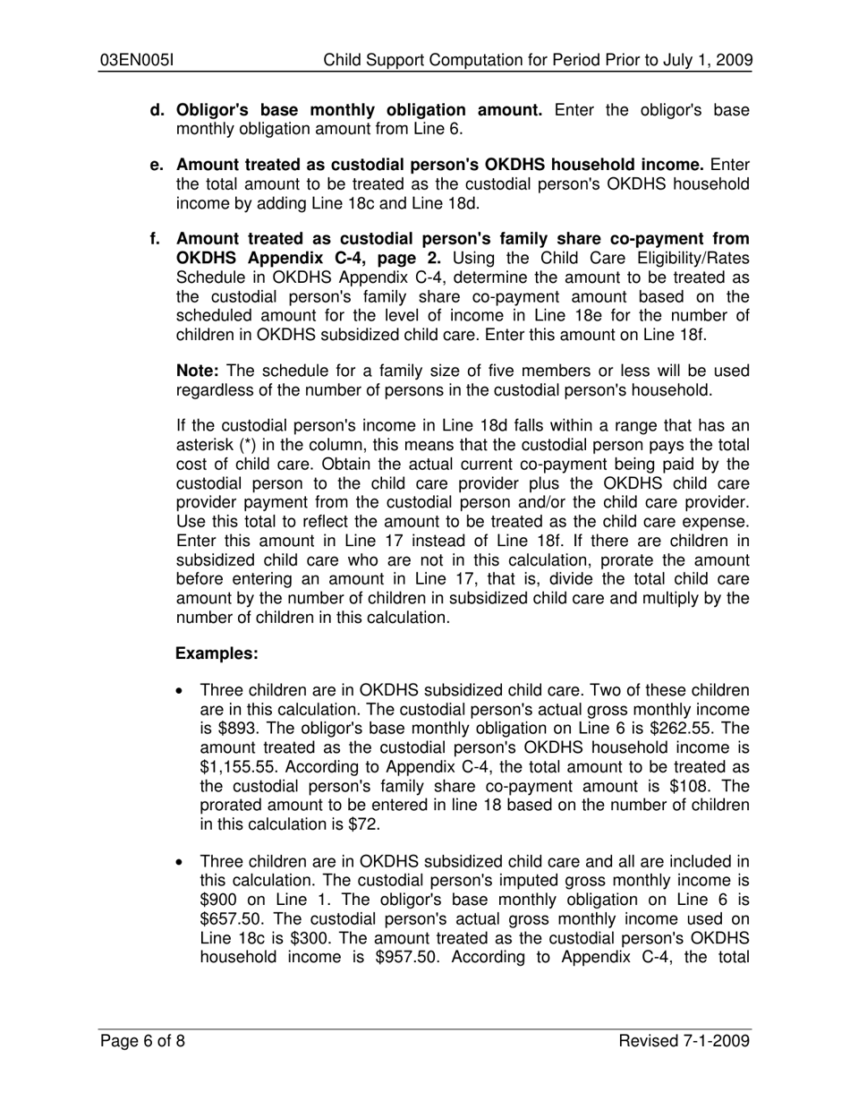 Instructions for Form 03EN005E Child Support Computation for Period Prior to July 1, 2009 - Oklahoma, Page 6