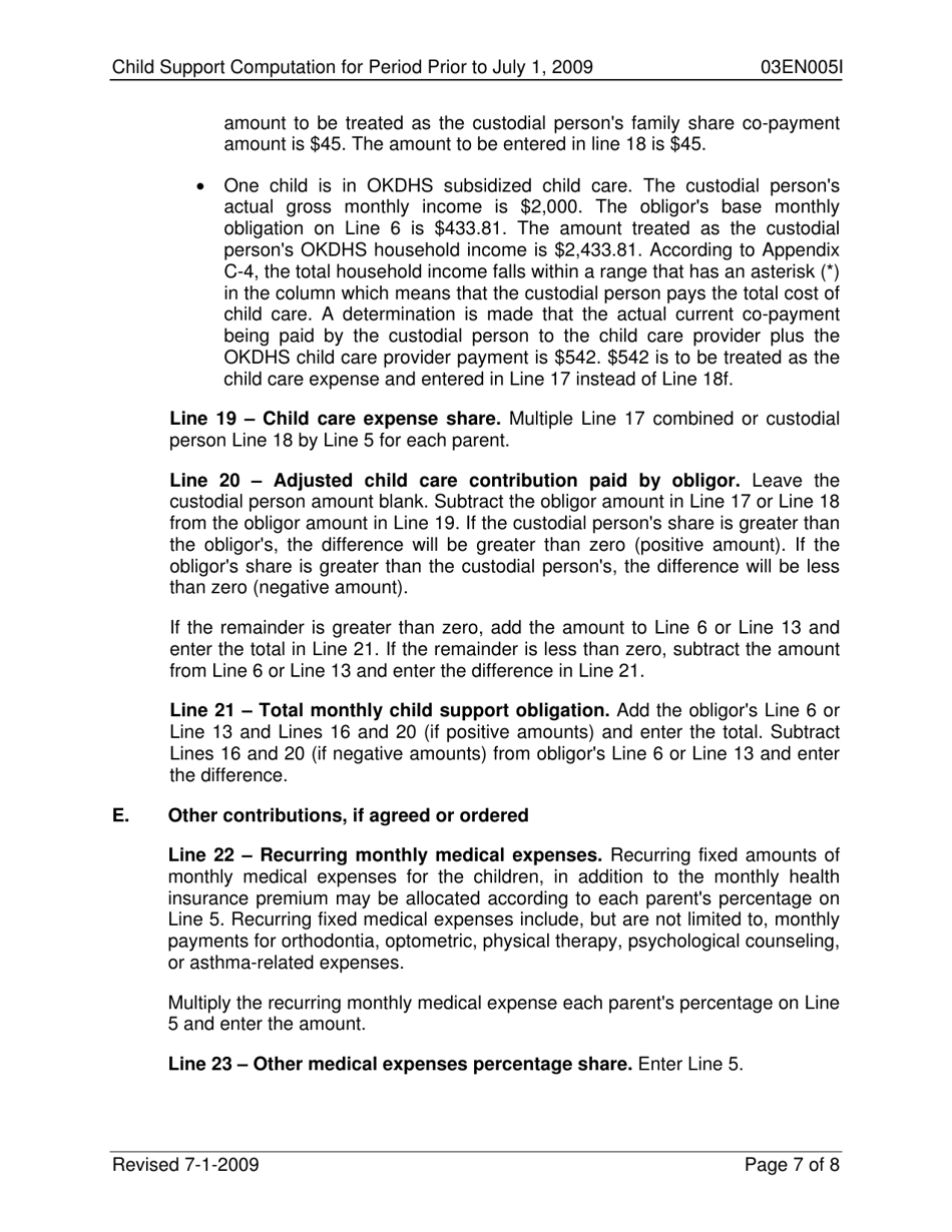 Instructions for Form 03EN005E Child Support Computation for Period Prior to July 1, 2009 - Oklahoma, Page 7