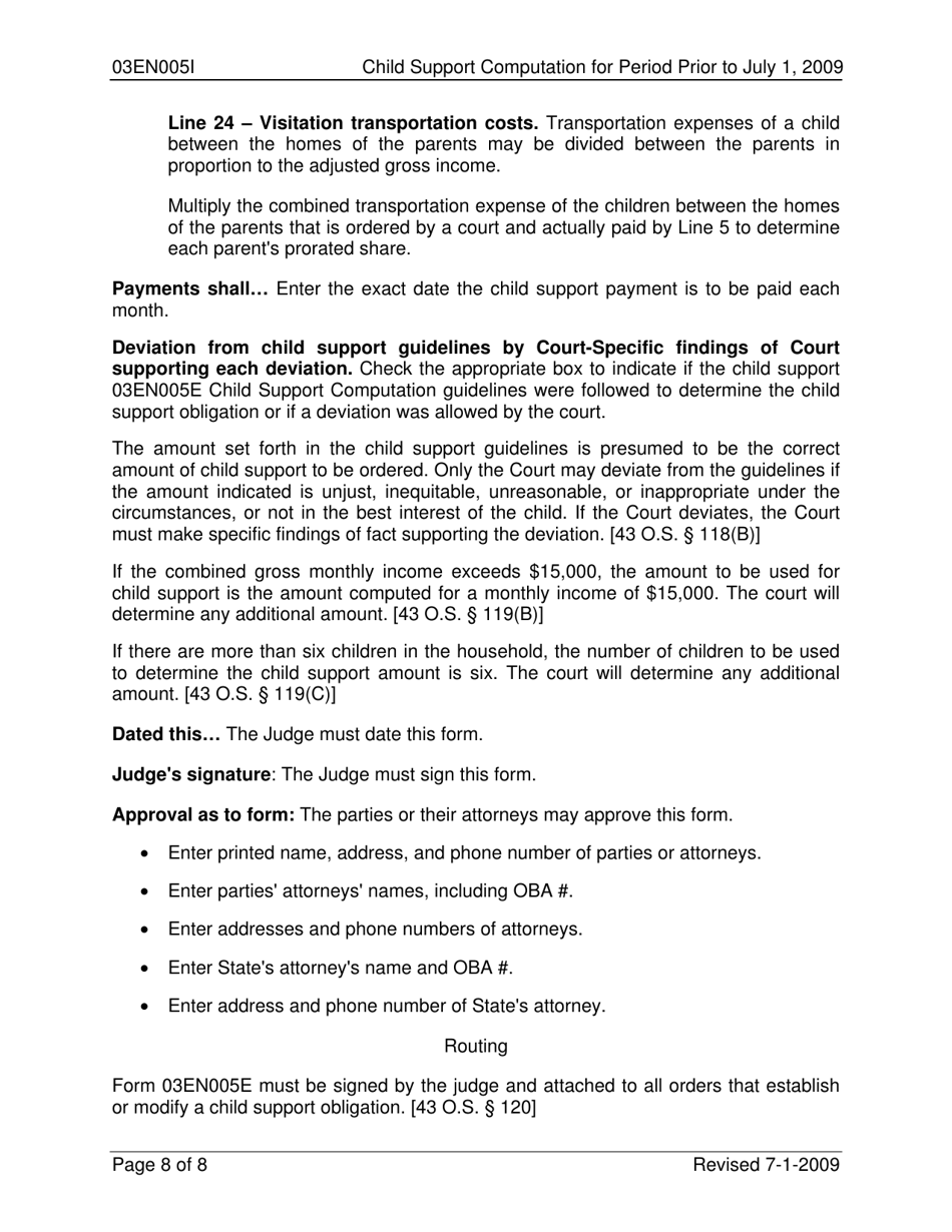 Instructions for Form 03EN005E Child Support Computation for Period Prior to July 1, 2009 - Oklahoma, Page 8