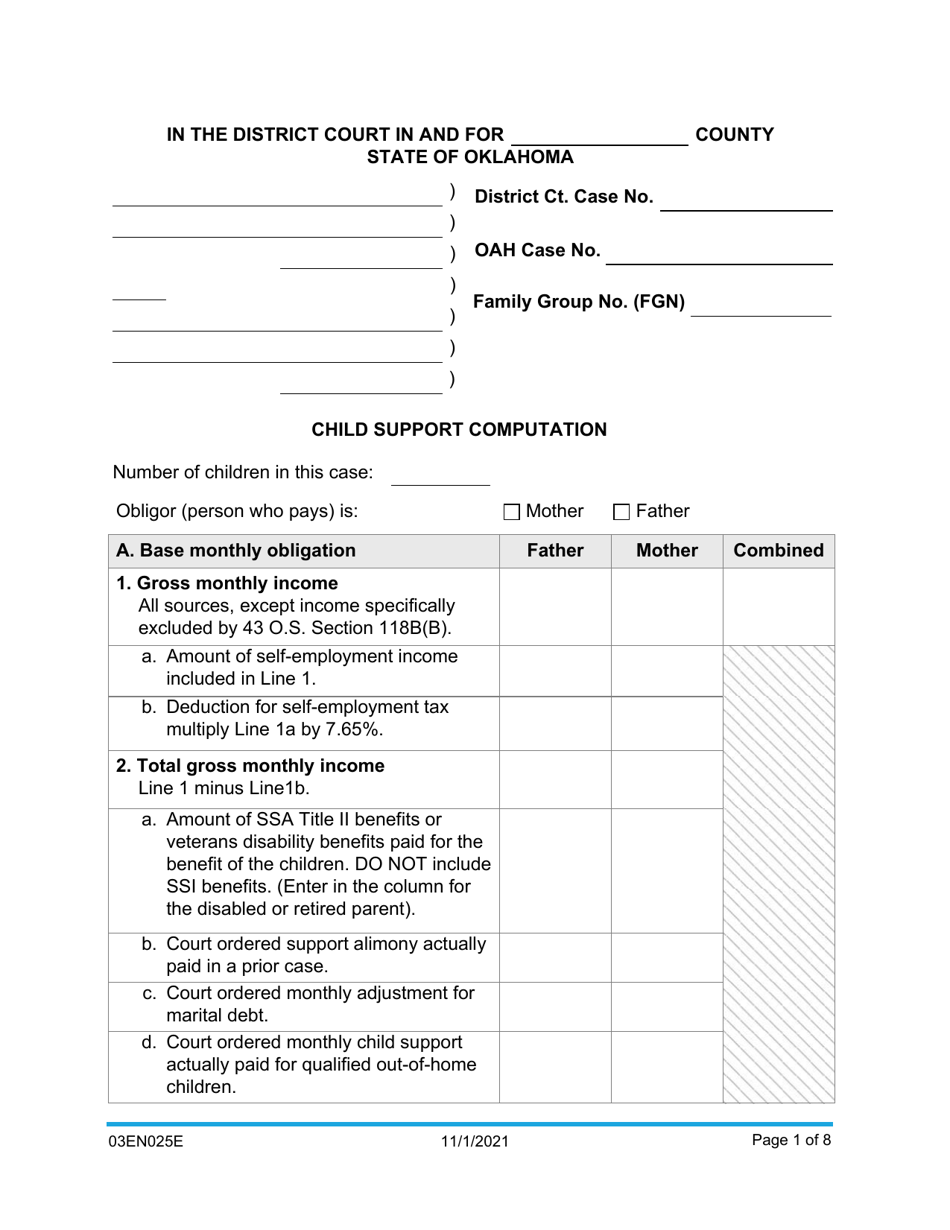 Form 03EN025E Child Support Computation - Oklahoma, Page 1