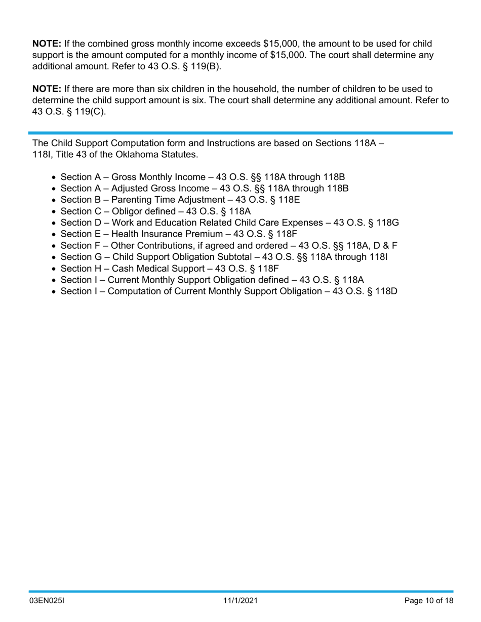 Instructions for Form 03EN025E Child Support Computation - Oklahoma, Page 10