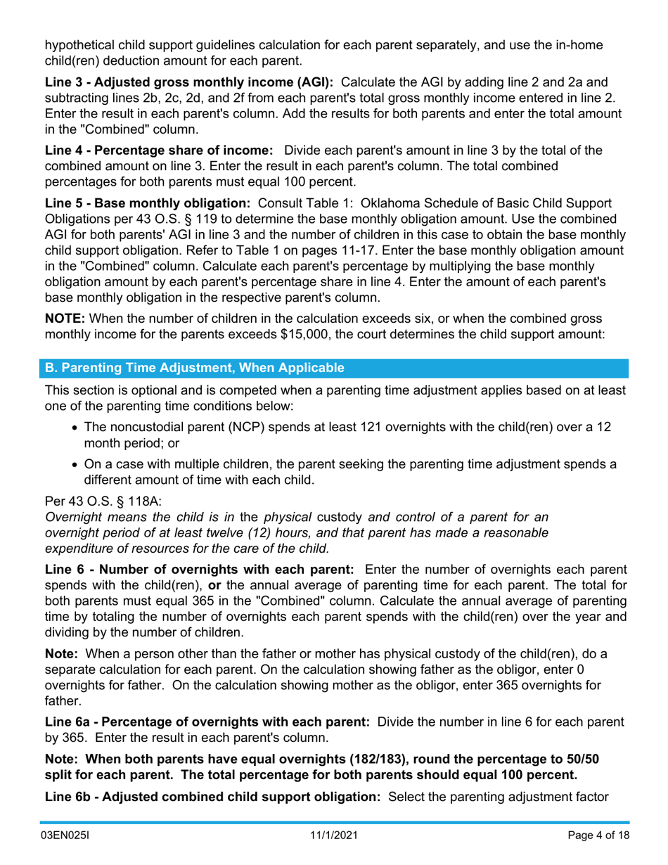 Instructions for Form 03EN025E Child Support Computation - Oklahoma, Page 4