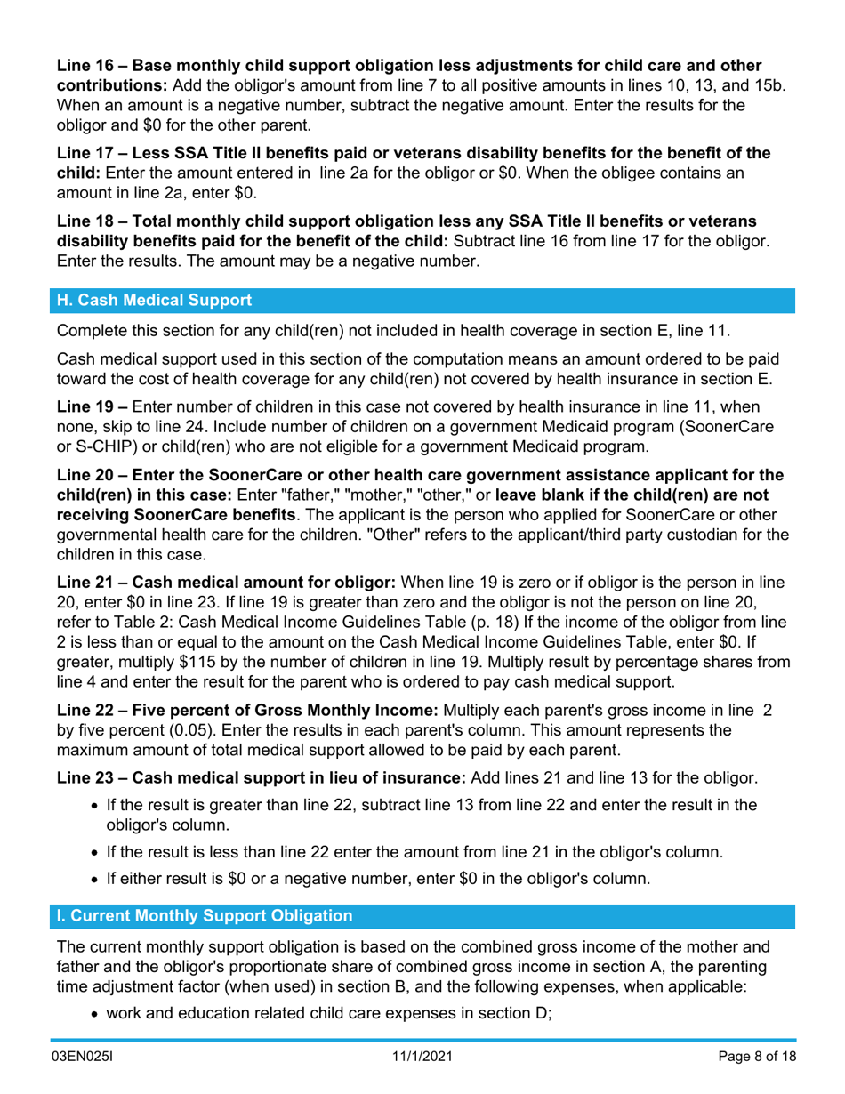 Instructions for Form 03EN025E Child Support Computation - Oklahoma, Page 8