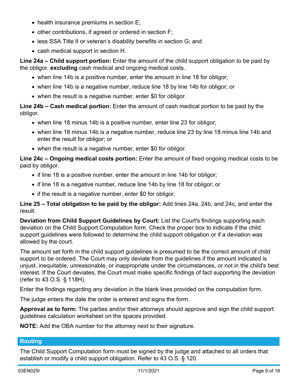 Instructions for Form 03EN025E Child Support Computation - Oklahoma, Page 9