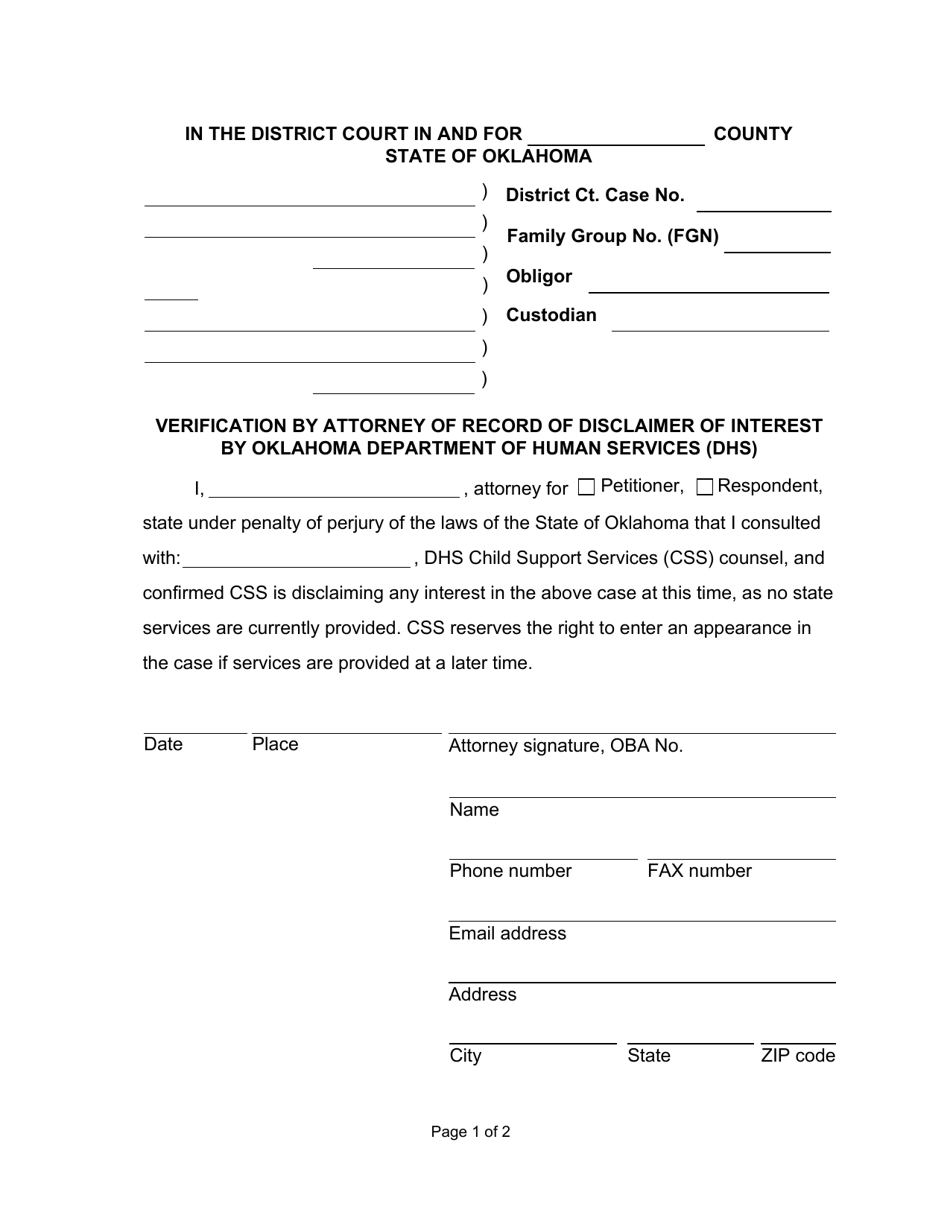 Form 03ES008E Verification by Attorney of Record of Disclaimer of Interest by Oklahoma Department of Human Services (DHS) - Oklahoma, Page 1