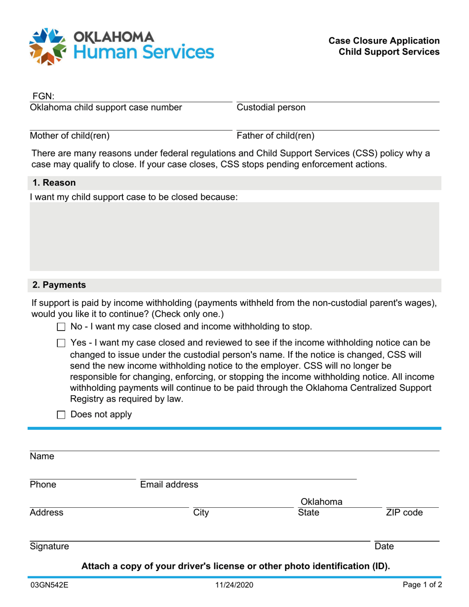 Form 03GN542E Case Closure Application - Child Support Services - Oklahoma, Page 1