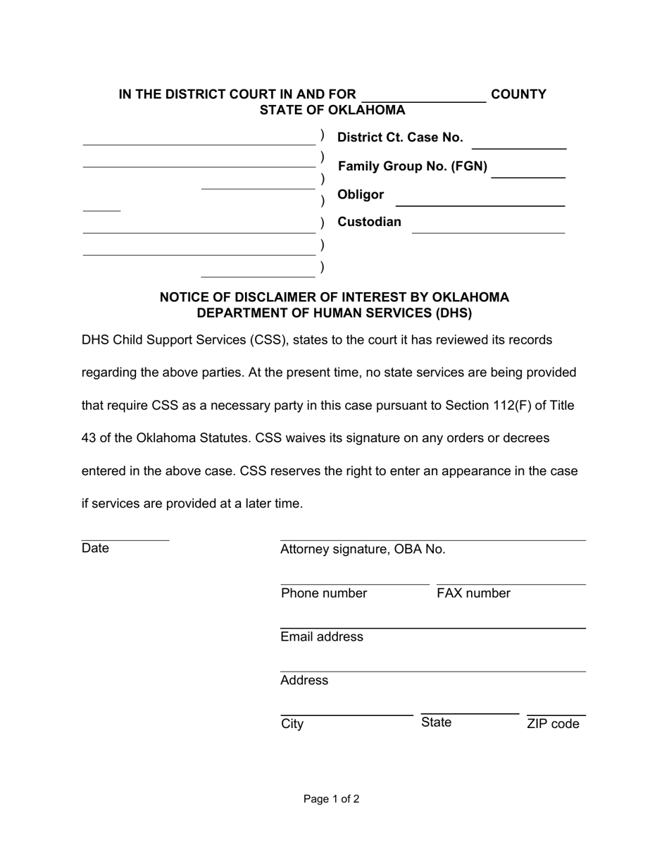 Form 03ES007E Notice of Disclaimer of Interest by Oklahoma Department of Human Services (DHS) - Oklahoma, Page 1