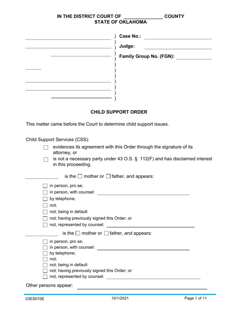Form 03ES010E Child Support Order - Oklahoma