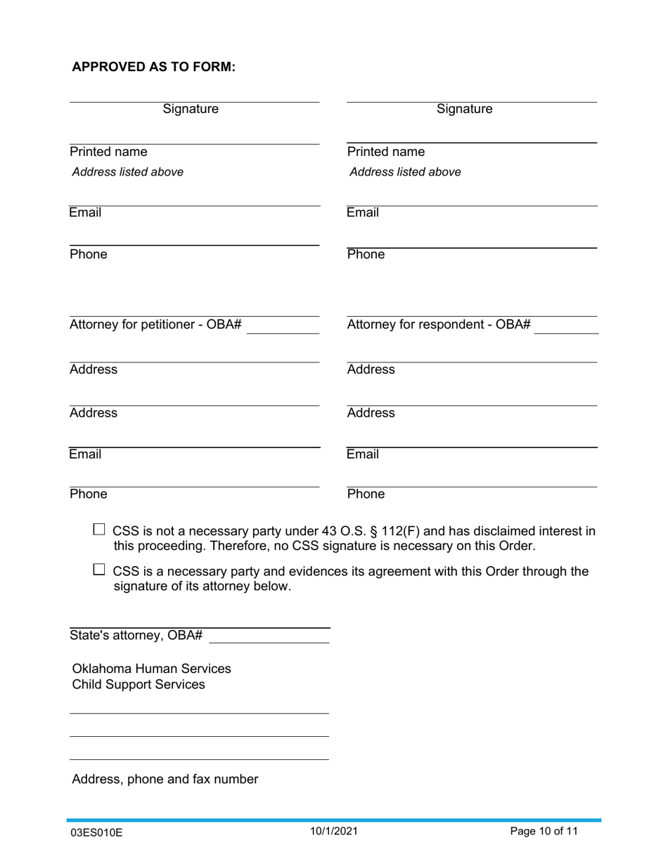 Form 03ES010E Child Support Order - Oklahoma, Page 10