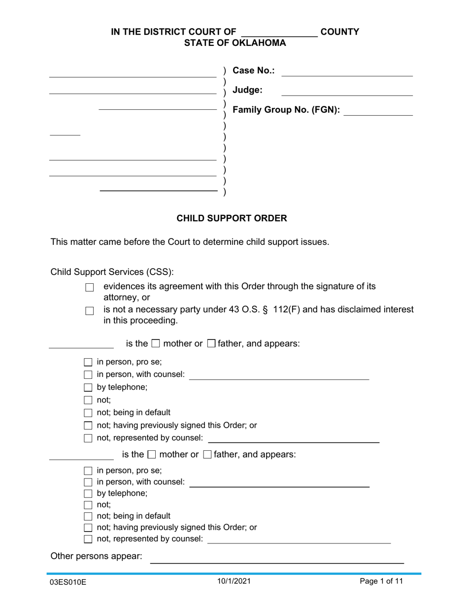 Form 03ES010E Child Support Order - Oklahoma, Page 1