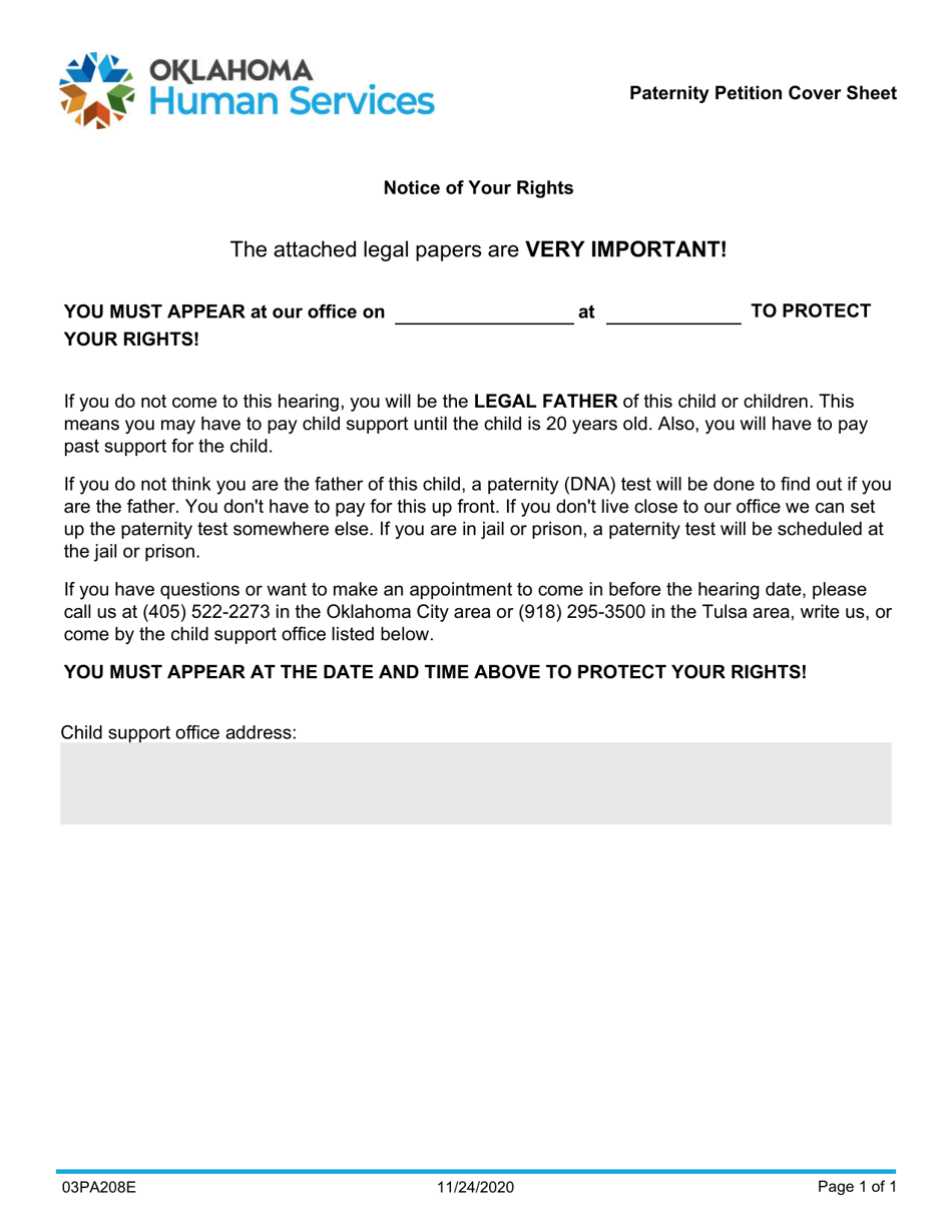 Form 03PA208E Paternity Petition Cover Sheet - Oklahoma, Page 1