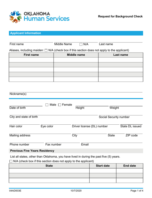 Form 04AD003E (ADM-130) Request for Background Check - Oklahoma