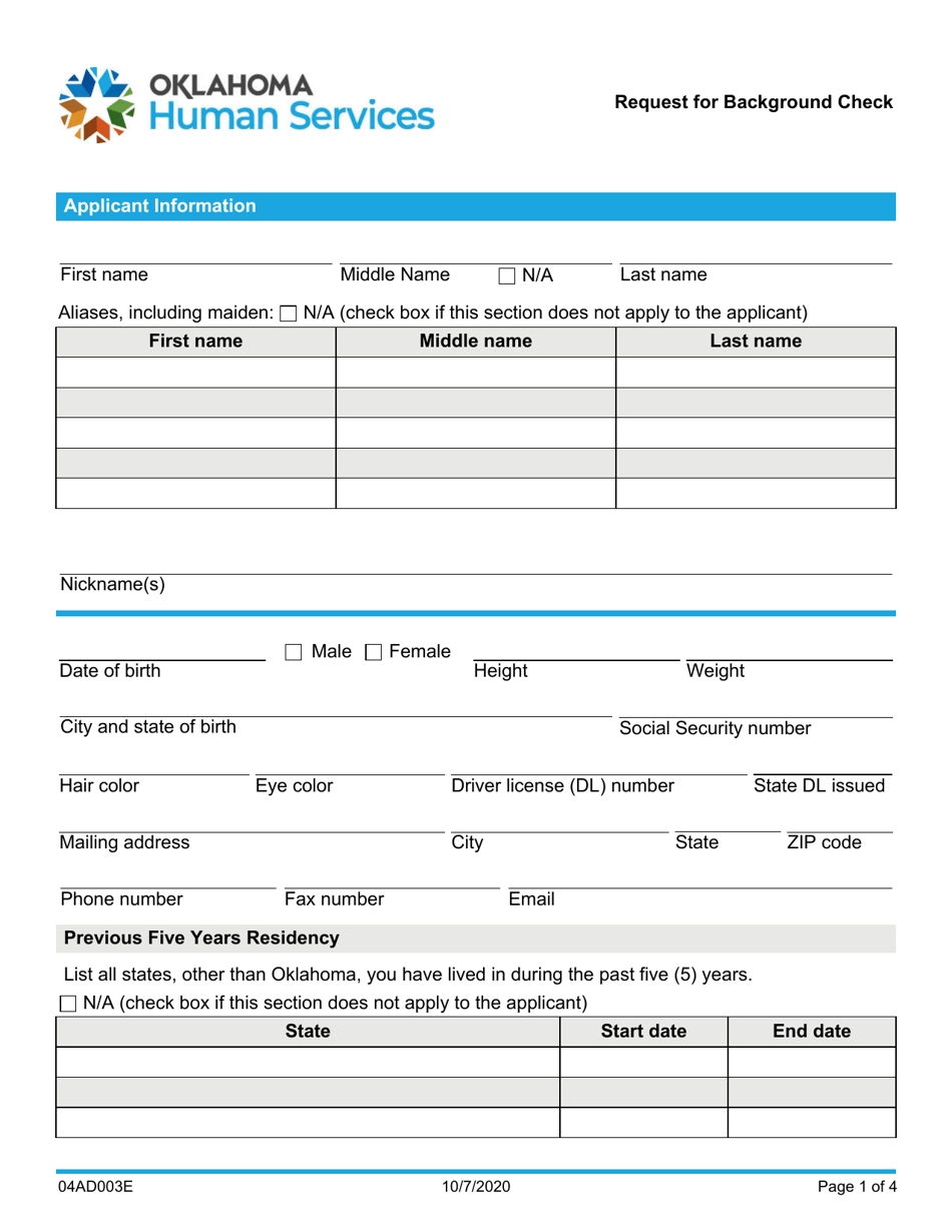Form 04AD003E (ADM-130) Request for Background Check - Oklahoma, Page 1