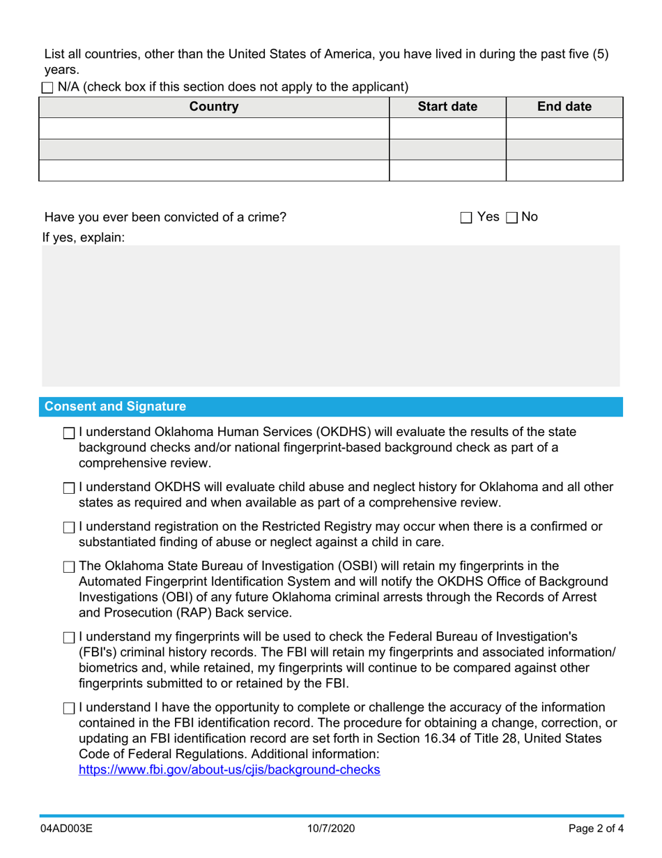 Form 04AD003E (ADM-130) Request for Background Check - Oklahoma, Page 2