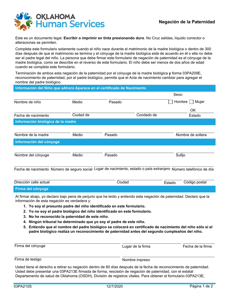 Formulario 03PA210S Negacion De La Paternidad - Oklahoma (Spanish), Page 1