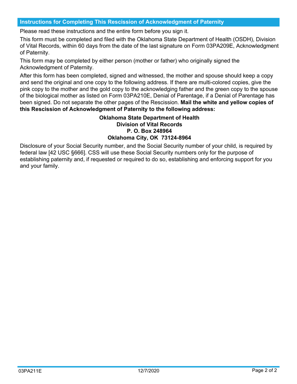 Form 03PA211E (CSED-209-R) Rescission of Acknowledgment of Paternity - Oklahoma, Page 2