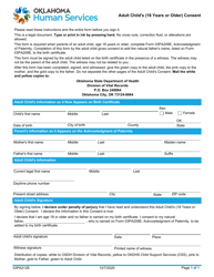 Document preview: Form 03PA212E (CSED-209-C) Adult Child's (18 Years or Older) Consent - Oklahoma