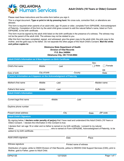 Form 03PA212E (CSED-209-C) Adult Child's (18 Years or Older) Consent - Oklahoma