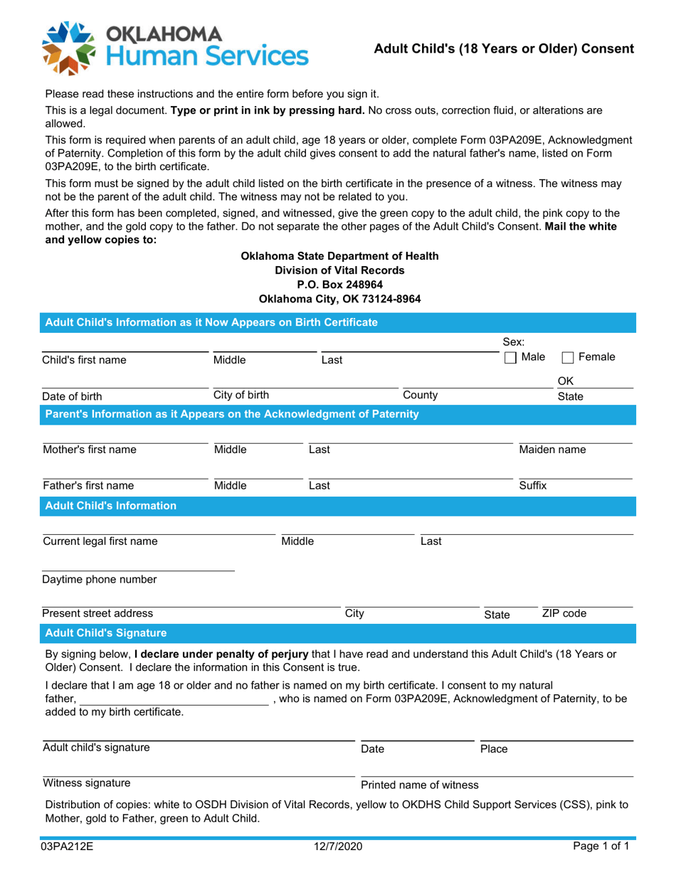 Form 03PA212E (CSED-209-C) Adult Childs (18 Years or Older) Consent - Oklahoma, Page 1