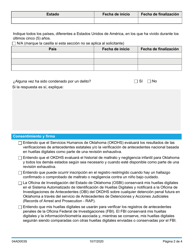 Formulario 04AD003S (ADM-130) Solicitud De Verificacion De Antecedentes - Oklahoma (Spanish), Page 2