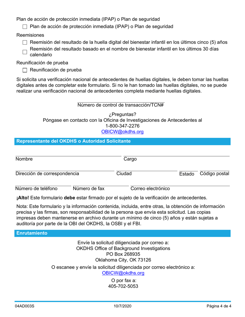 Formulario 04AD003S (ADM-130) Solicitud De Verificacion De Antecedentes - Oklahoma (Spanish), Page 4