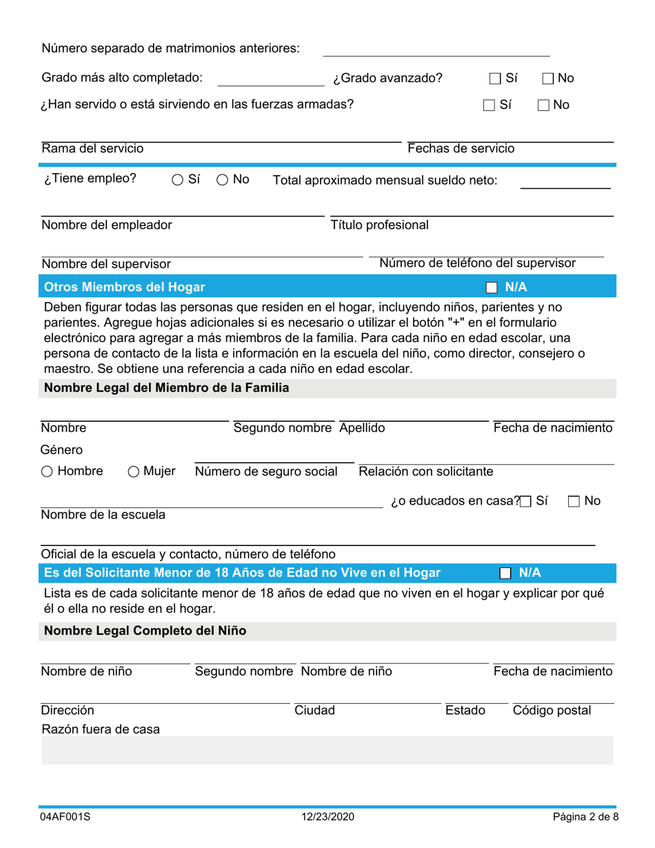Formulario 04AF001S Solicitud De Familia De Recursos - Oklahoma (Spanish), Page 2