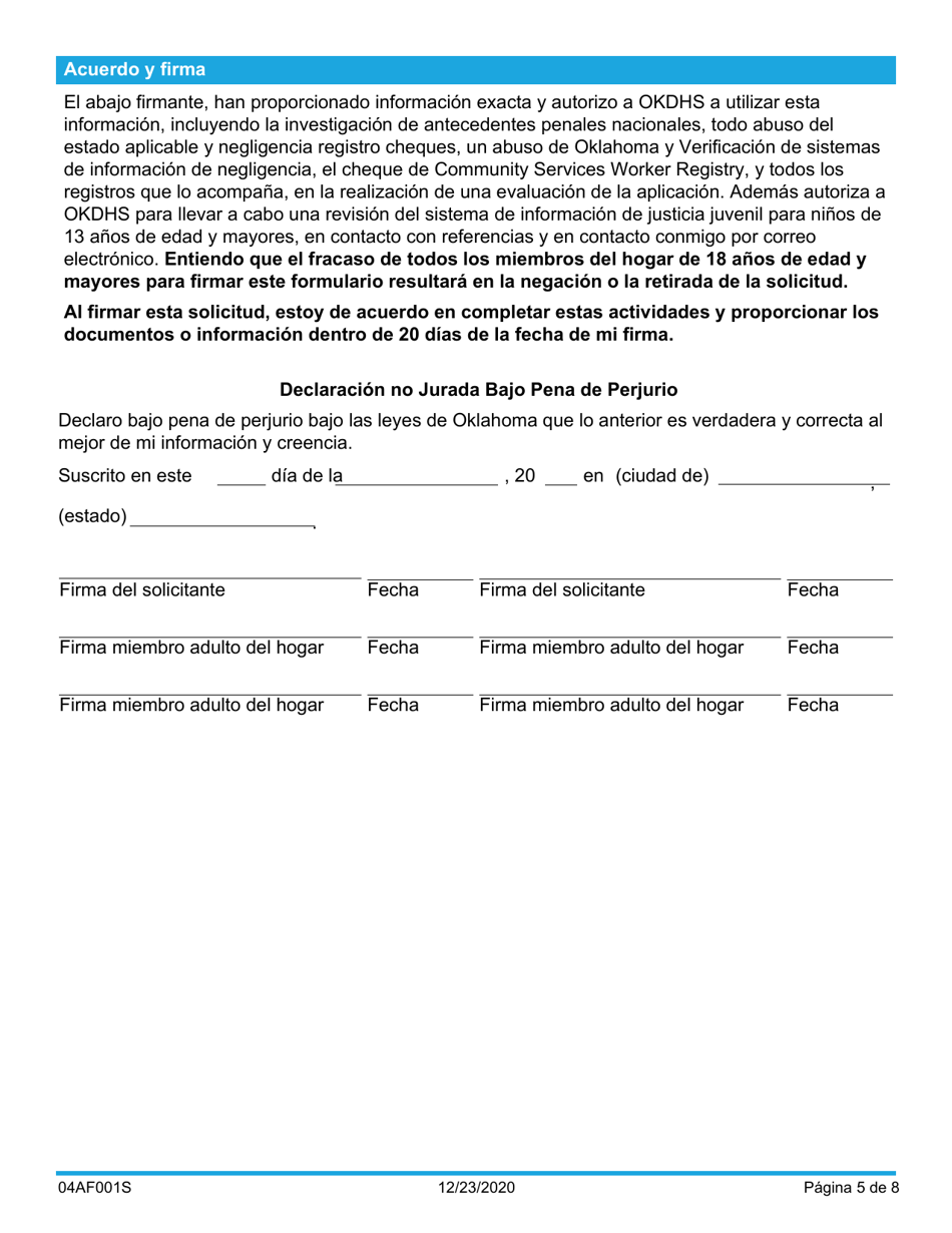 Formulario 04AF001S Solicitud De Familia De Recursos - Oklahoma (Spanish), Page 5