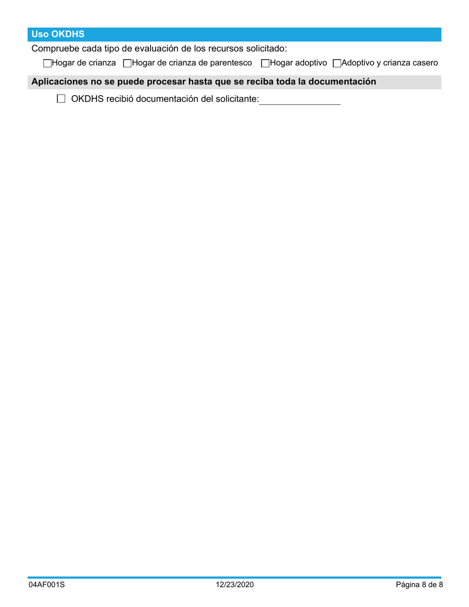 Formulario 04AF001S Solicitud De Familia De Recursos - Oklahoma (Spanish), Page 8