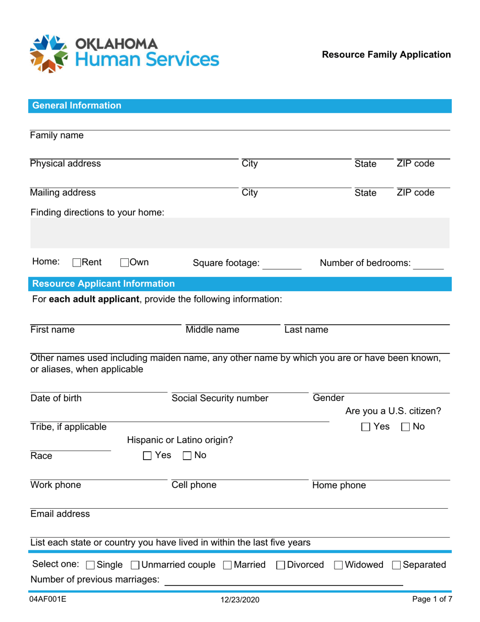 Form 04AF001E Resource Family Application - Oklahoma, Page 1