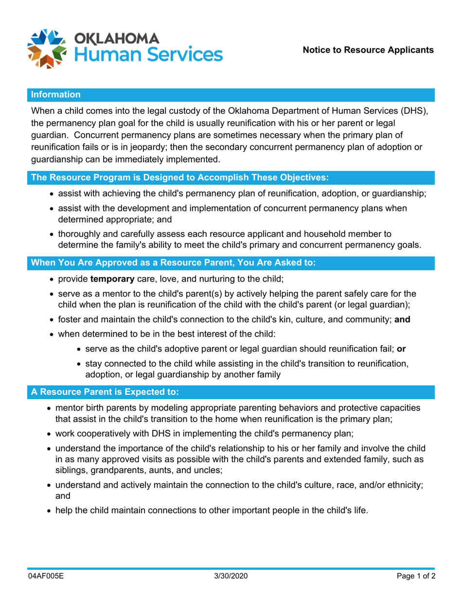 Form 04AF005E Notice to Resource Applicants - Oklahoma, Page 1