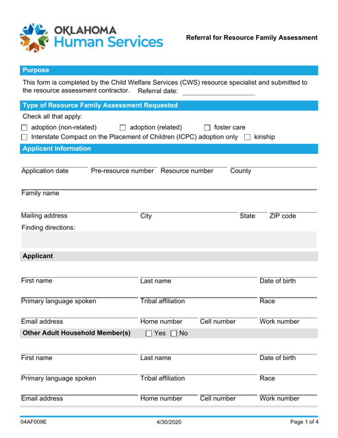 Form 04AF009E Referral for Resource Family Assessment - Oklahoma