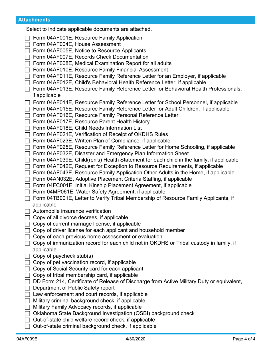 Form 04AF009E Referral for Resource Family Assessment - Oklahoma, Page 4