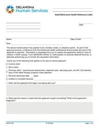 Form 04AF013E Adult Behavioral Health Reference Letter - Oklahoma