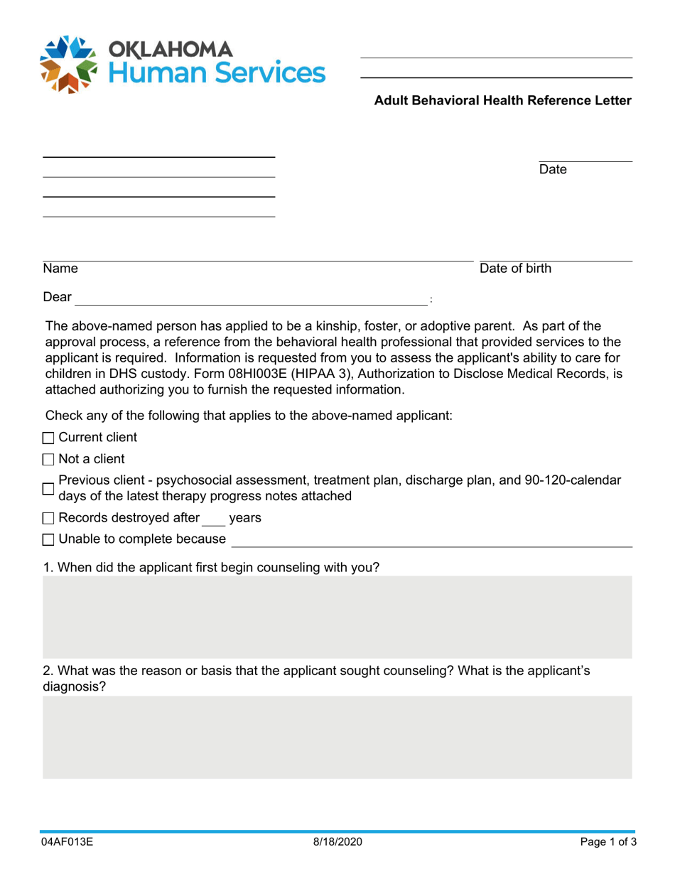 Form 04AF013E Adult Behavioral Health Reference Letter - Oklahoma, Page 1