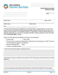 Document preview: Form 04AF012E Child's Behavioral Health Reference Letter - Oklahoma