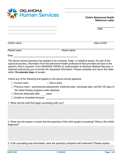 Form 04AF012E Child's Behavioral Health Reference Letter - Oklahoma