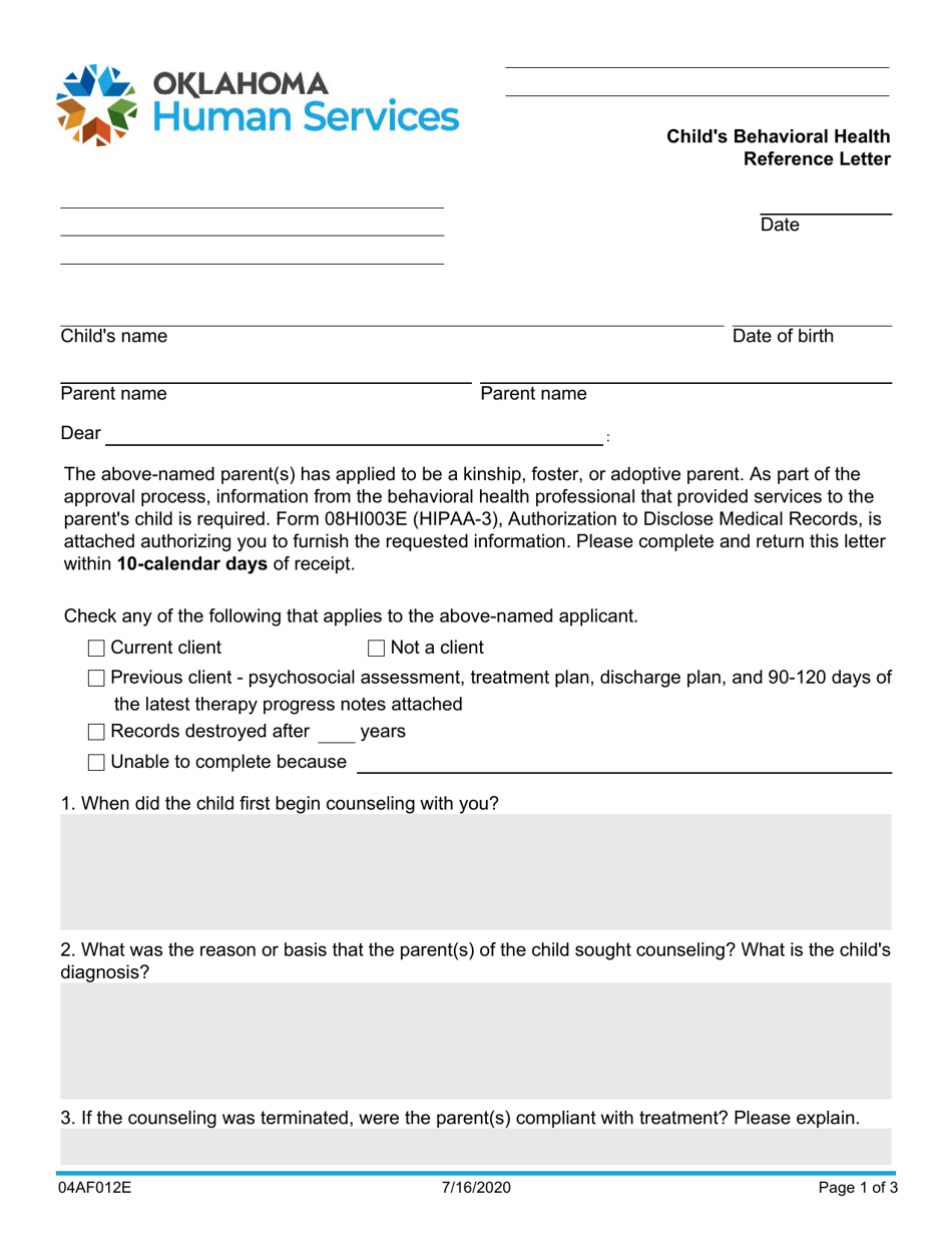Form 04AF012E Childs Behavioral Health Reference Letter - Oklahoma, Page 1