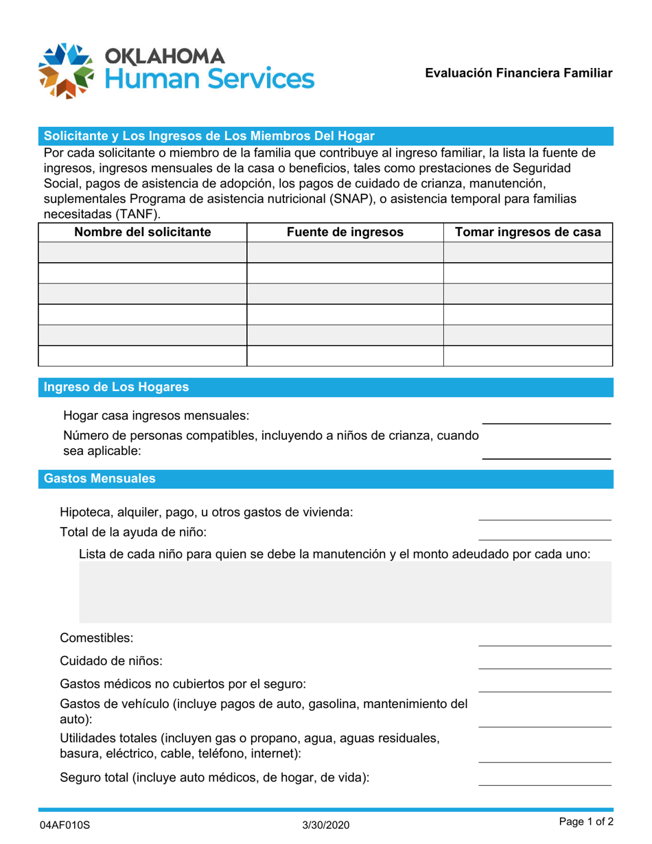 Formulario 04AF010S Evaluacion Financiera Familiar - Oklahoma (Spanish), Page 1