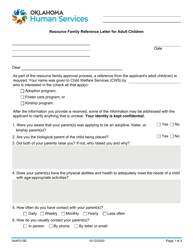 Document preview: Form 04AF015E Resource Family Reference Letter for Adult Children - Oklahoma