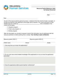 Document preview: Form 04AF014E Resource Family Reference Letter for School Personnel - Oklahoma