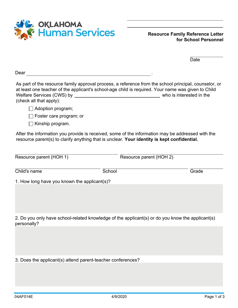 Form 04AF014E Resource Family Reference Letter for School Personnel - Oklahoma, Page 1
