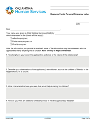 Document preview: Form 04AF016E Resource Family Personal Reference Letter - Oklahoma