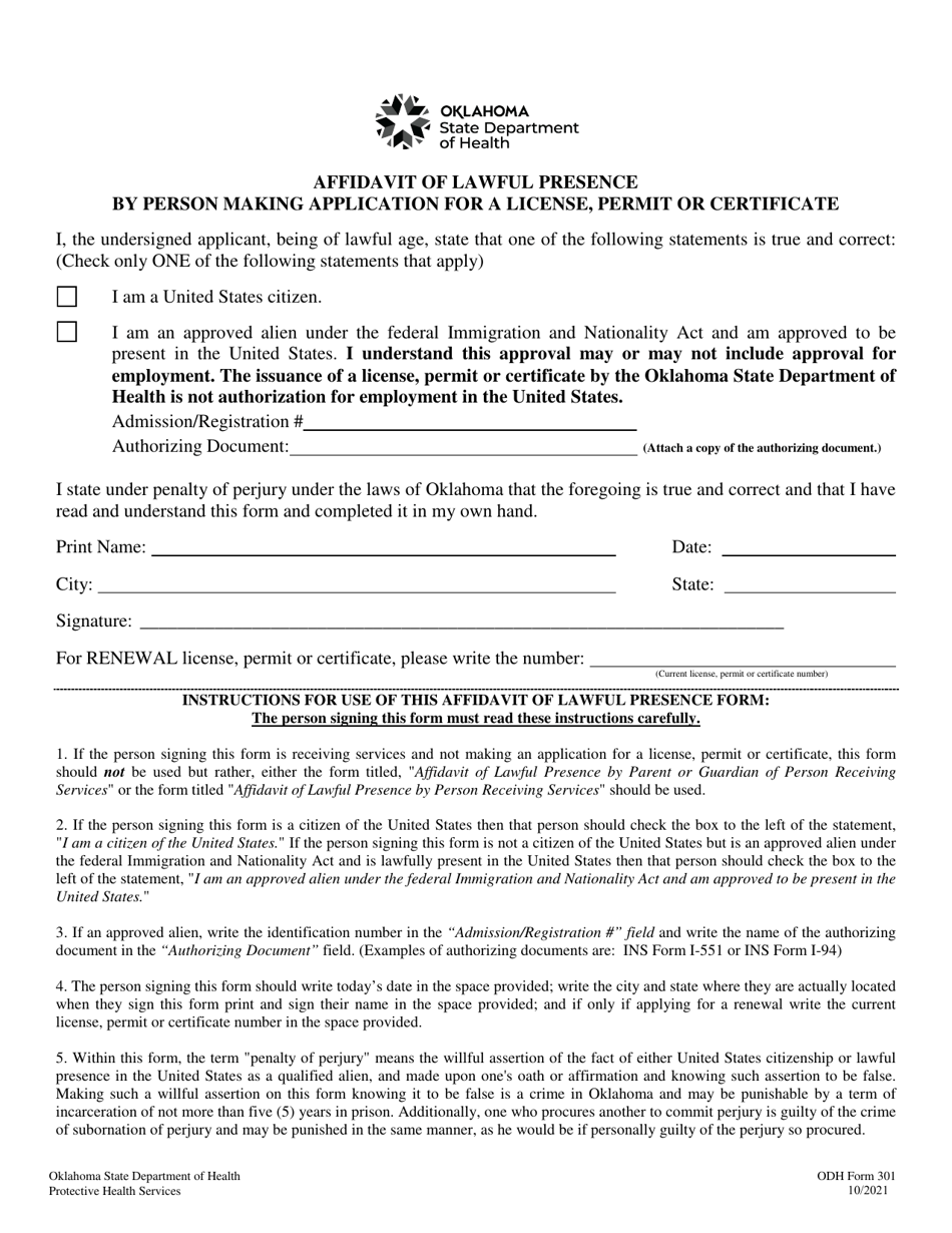 ODH Form 301 Affidavit of Lawful Presence - Oklahoma, Page 1